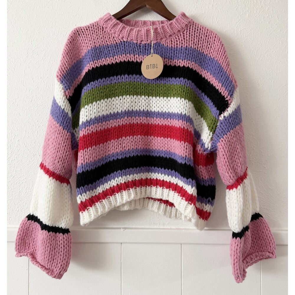 BiBi Sweater M Chunky Knit Striped Bell Sleeve Crop Pullover Colorful Boho NWT - Picture 2 of 9